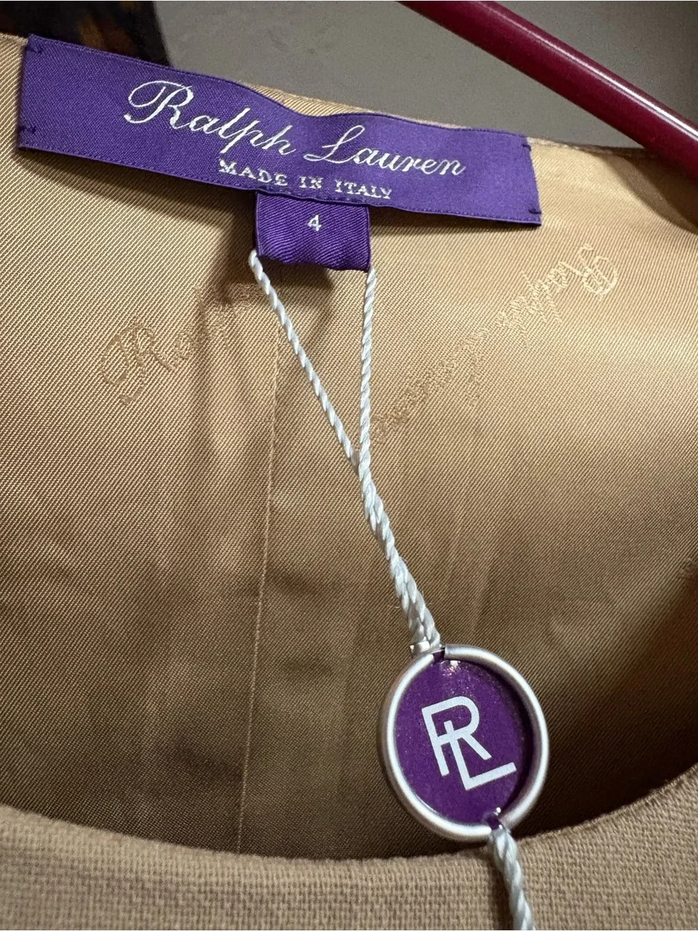 Ralph Lauren Purple Label Beige Midi Dress with Brown Trim Zipper + Buckle - Picture 3 of 6